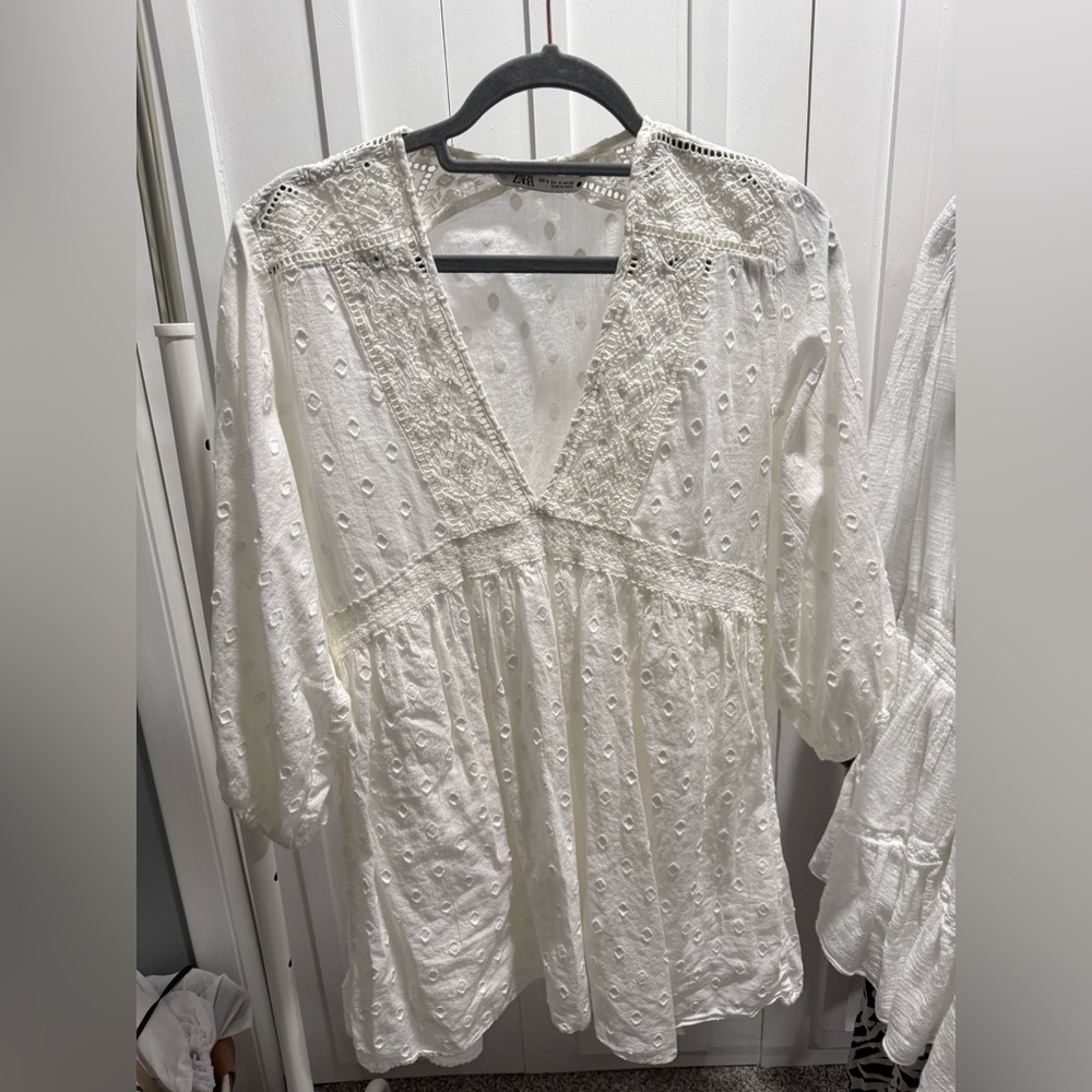 Zara Ivory Embroidered V-Neck Dress